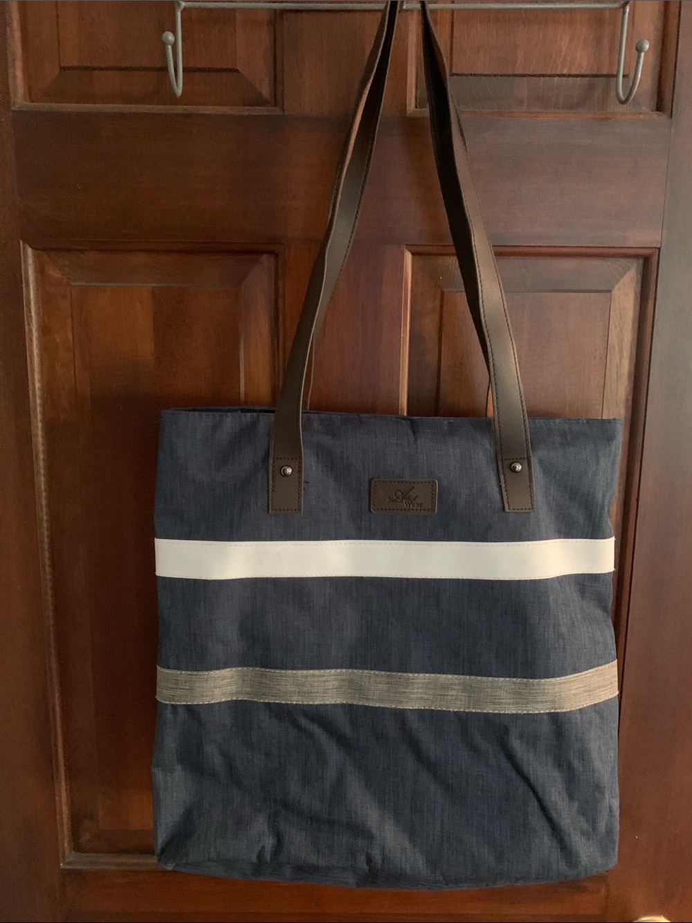 Navy Striped Canvas Tote with Brown Handles